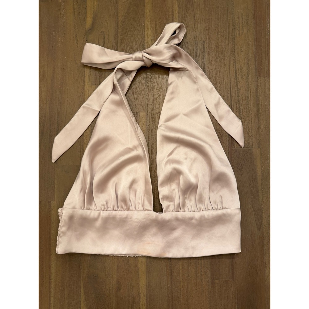 Garage Satin Tie Plunge‎ Halter Top Pebble Gray Medium NWT 3T8-212-171